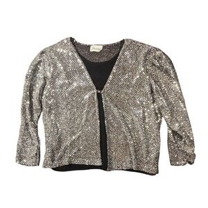 Vintage‎ Joanna Jacket Womens XL Silver Sequin Knit Hook Front Cropped Made USA